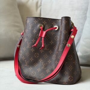 Brown and Red Designer Bucket Bag